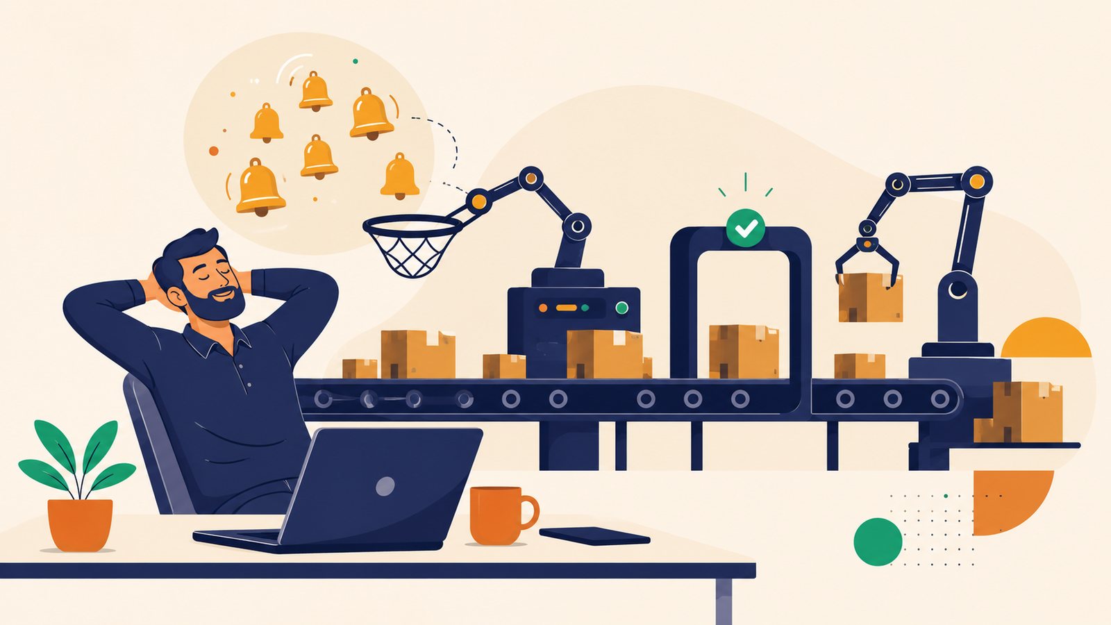 Illustration of a relaxed Amazon seller at a laptop while an automated conveyor and robotic arms sort parcels and catch notifications