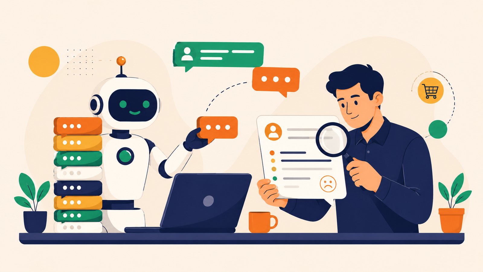 Illustration of a friendly robot sorting simple customer messages while a human colleague examines a complex one