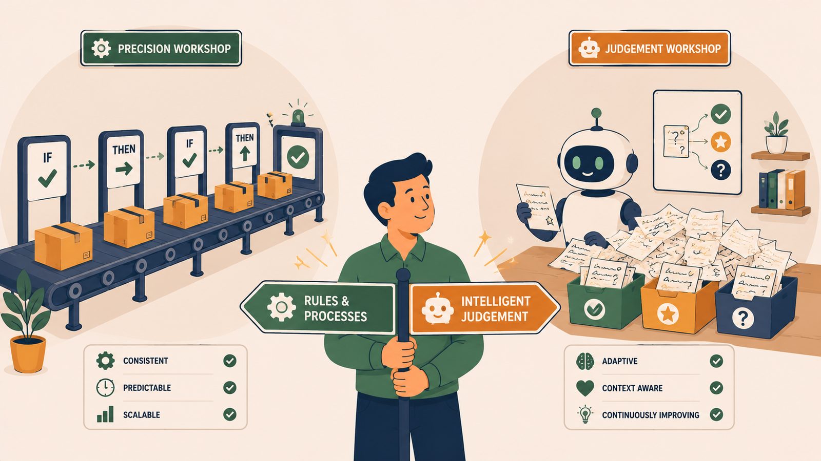 Illustration for the article AI Automation vs Traditional Automation: When to Use Each