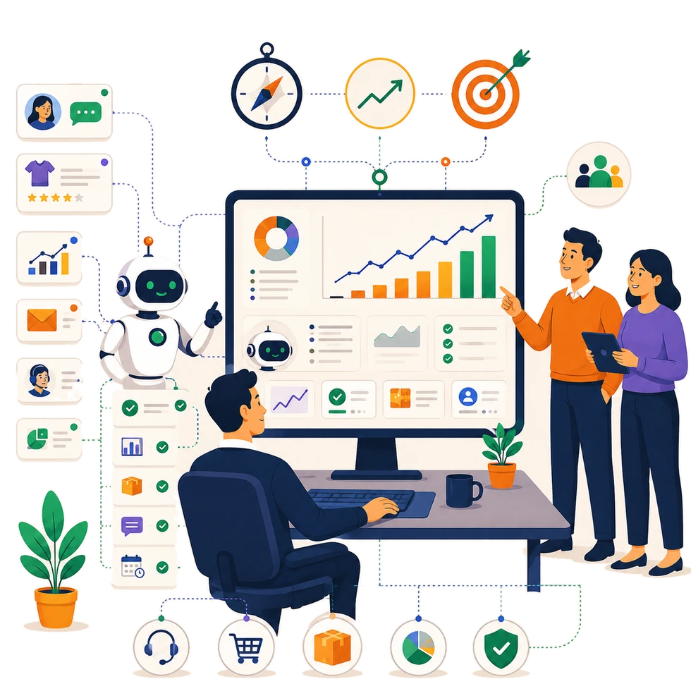 Illustration of Fulcrum Three managed operations: a business owner at a dashboard supported by automation, an expert team and strategic guidance